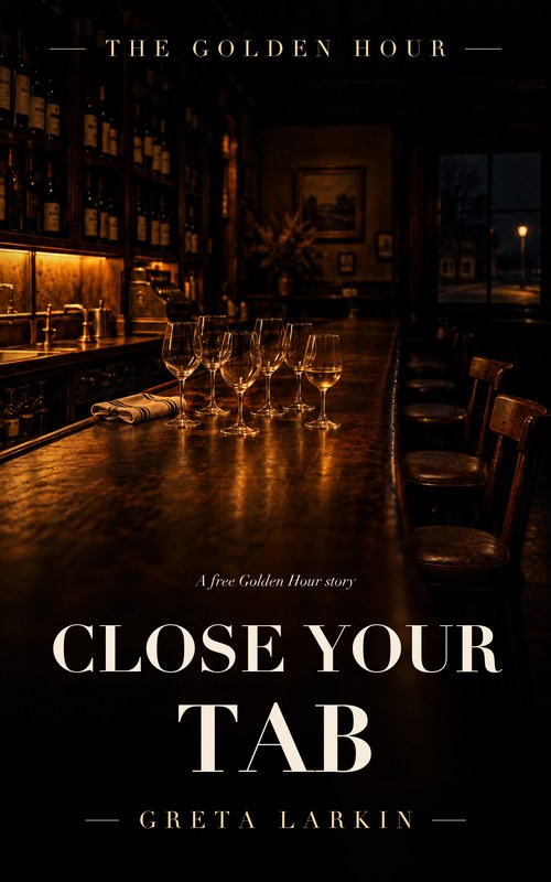 Close Your Tab by Greta Larkin. The bar at the Golden Hour after closing, six wine glasses left on the counter.