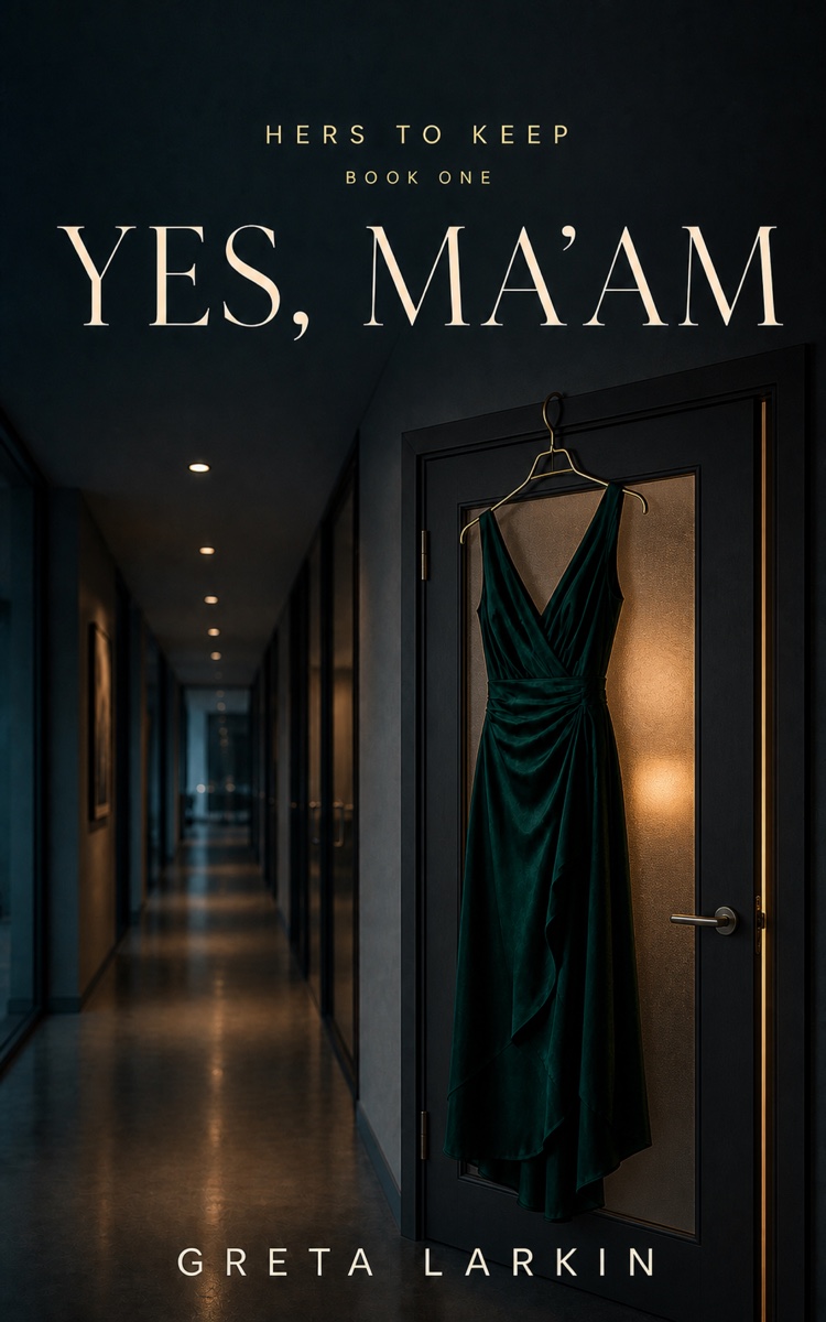 Yes, Ma'am by Greta Larkin. A deep green dress on a brass hanger, hung on an office door in a dark corridor.